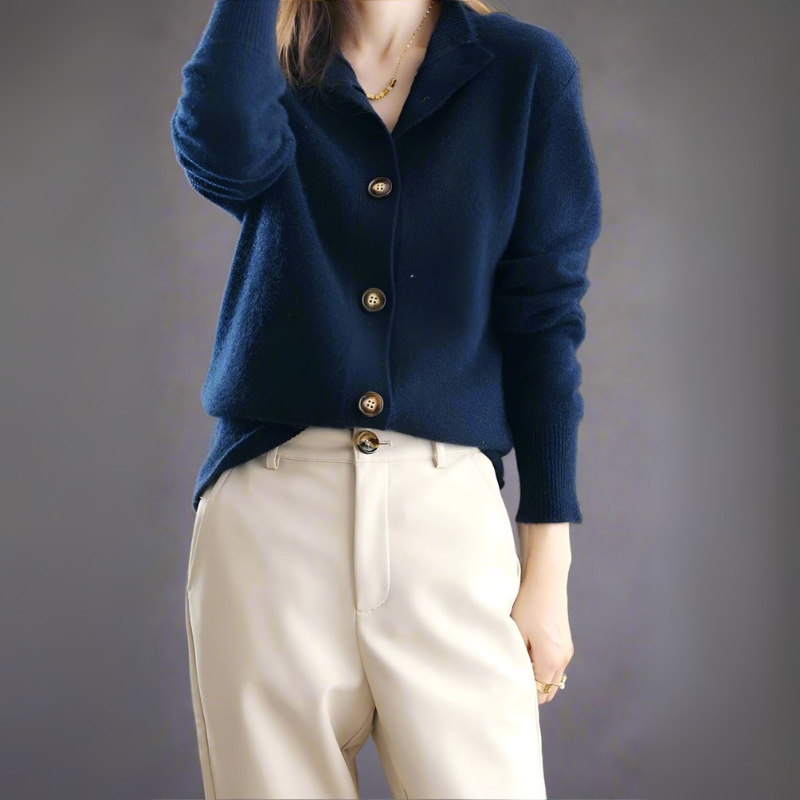 Women's Cardigan Sweater with Half-High Neck Design