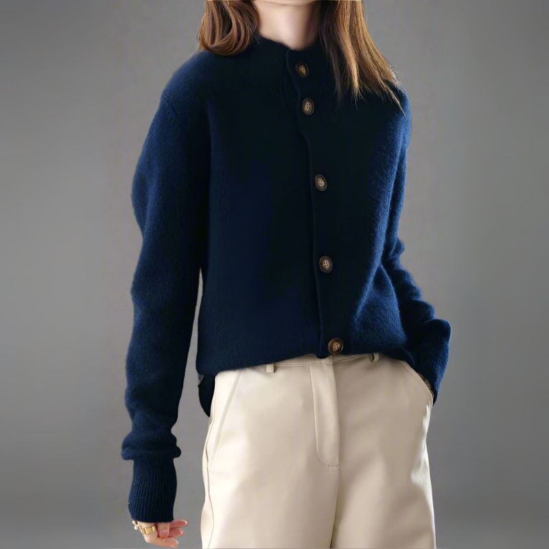 Women's Cardigan Sweater with Half-High Neck Design