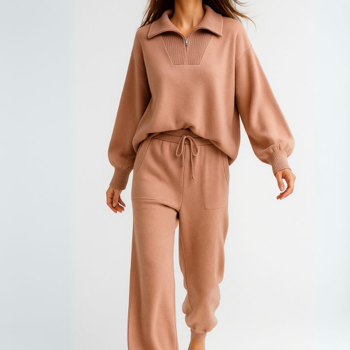 Women's Casual Lounge Set Outfit with Half-Zip Ensemble