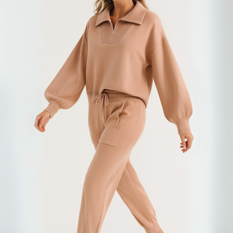 Women's Casual Lounge Set Outfit with Half-Zip Ensemble