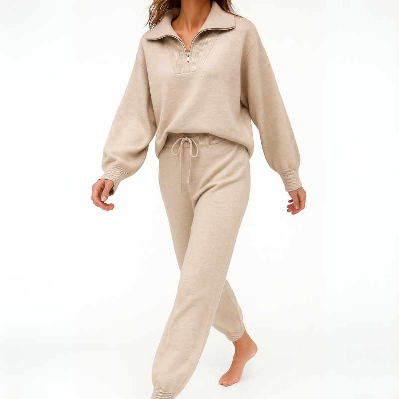 Women's Casual Lounge Set Outfit with Half-Zip Ensemble