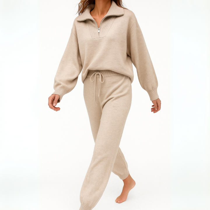 Women's Casual Lounge Set Outfit with Half-Zip Ensemble