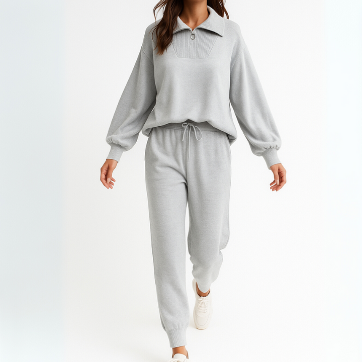 Women's Casual Lounge Set Outfit with Half-Zip Ensemble