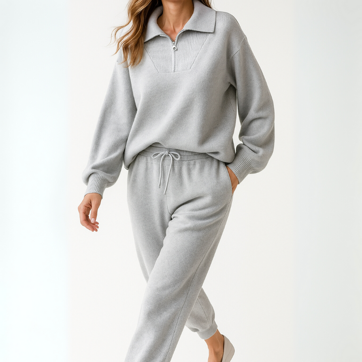Women's Casual Lounge Set Outfit with Half-Zip Ensemble