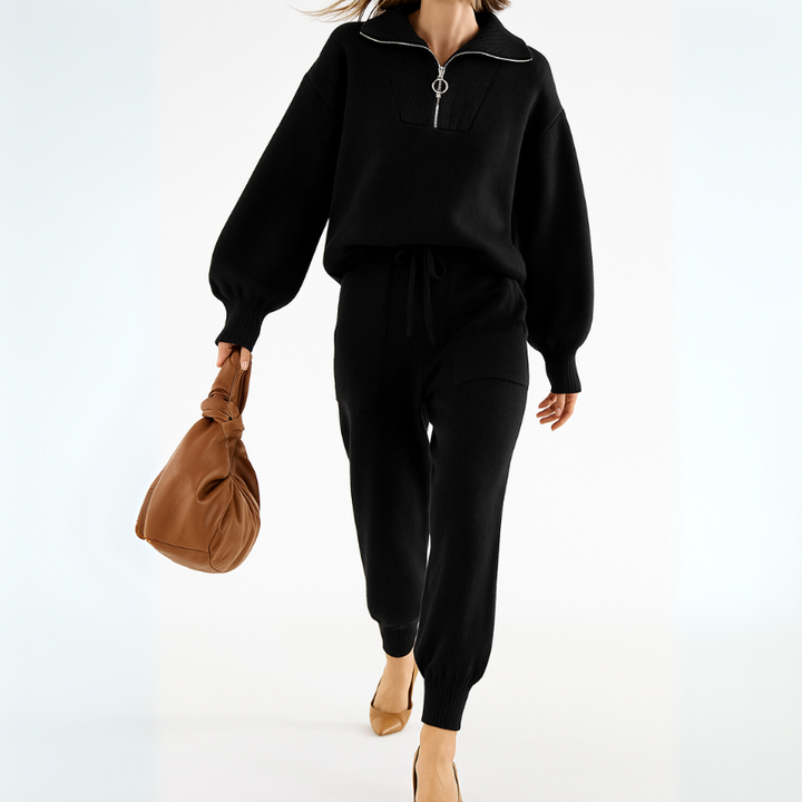 Women's Casual Lounge Set Outfit with Half-Zip Ensemble