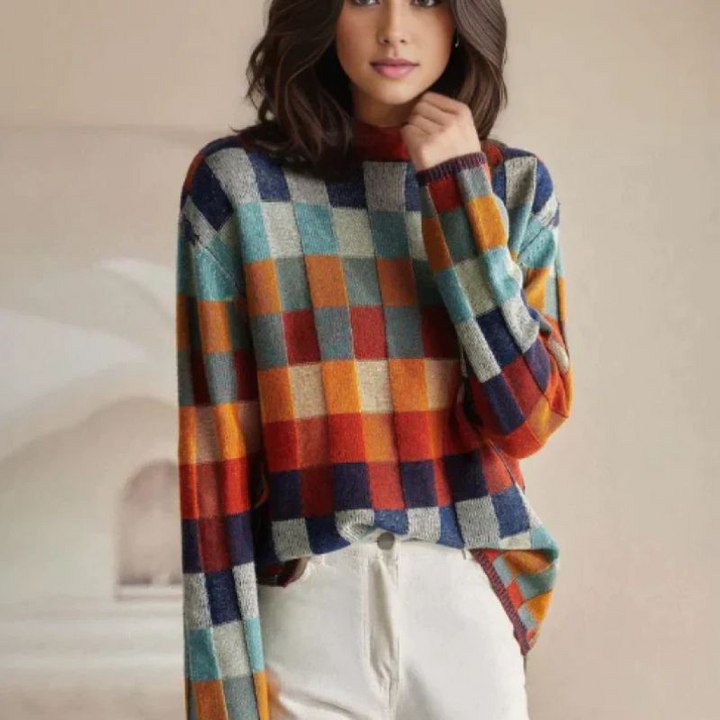 Women's Checkered Sweater – Merino Blend, Stylish Modern Fit