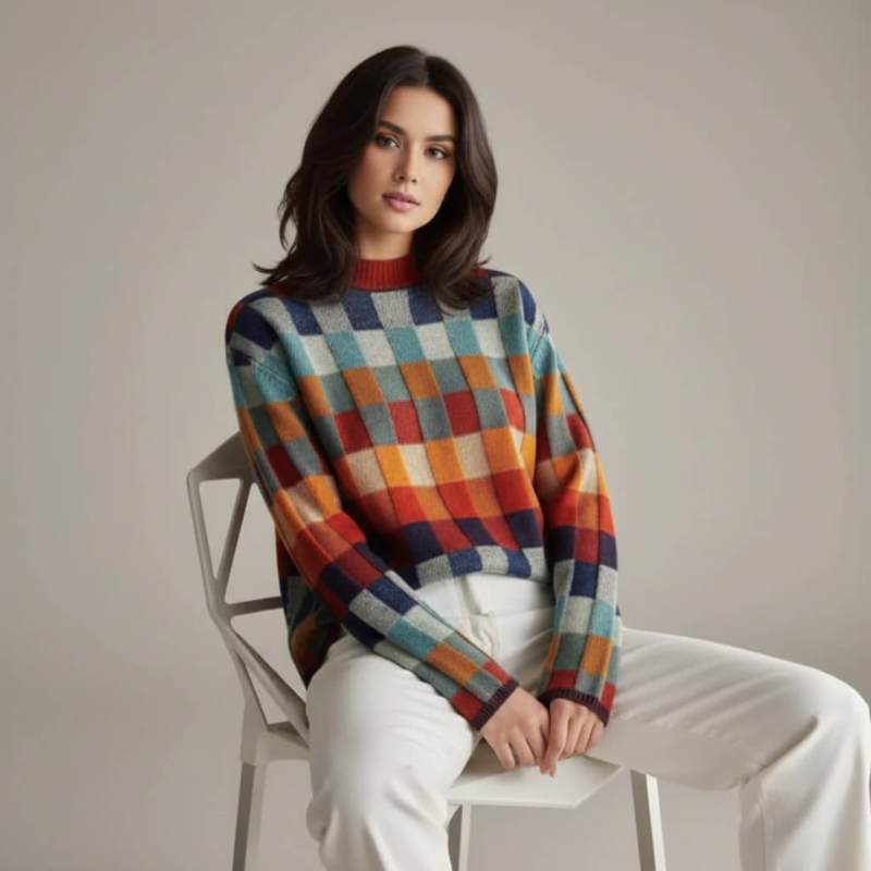 Women's Checkered Sweater – Merino Blend, Stylish Modern Fit