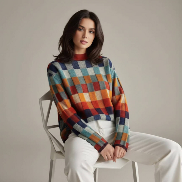 Women's Checkered Sweater – Merino Blend, Stylish Modern Fit