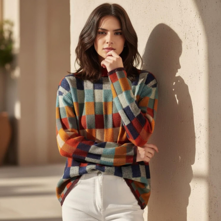 Women's Checkered Sweater – Merino Blend, Stylish Modern Fit
