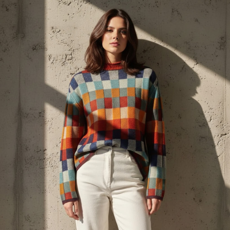 Women's Checkered Sweater – Merino Blend, Stylish Modern Fit