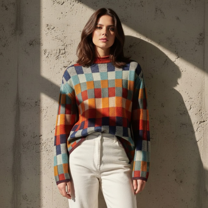 Women's Checkered Sweater – Merino Blend, Stylish Modern Fit