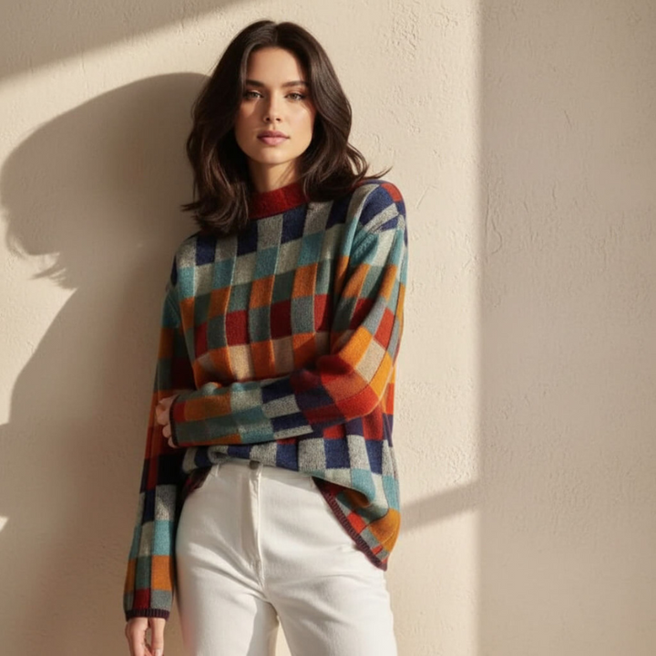 Women's Checkered Sweater – Merino Blend, Stylish Modern Fit