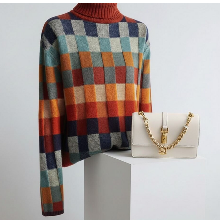 Women's Checkered Sweater – Merino Blend, Stylish Modern Fit