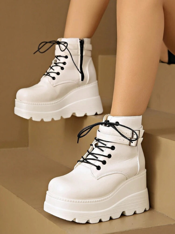 Women's Chunky Platform Black Ankle Boots Lace Up Booties