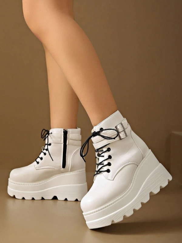 Women's Chunky Platform Black Ankle Boots Lace Up Booties