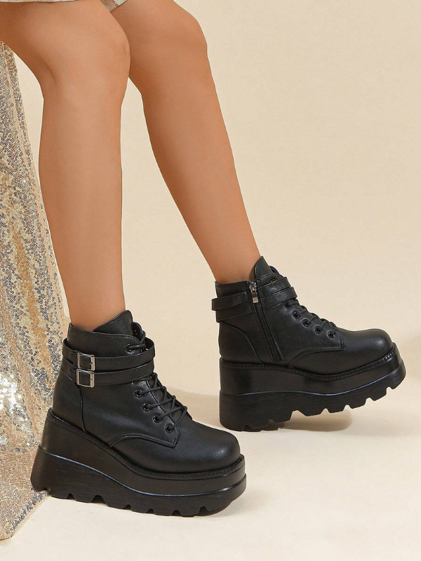 Women's Chunky Platform Black Ankle Boots Lace Up Booties