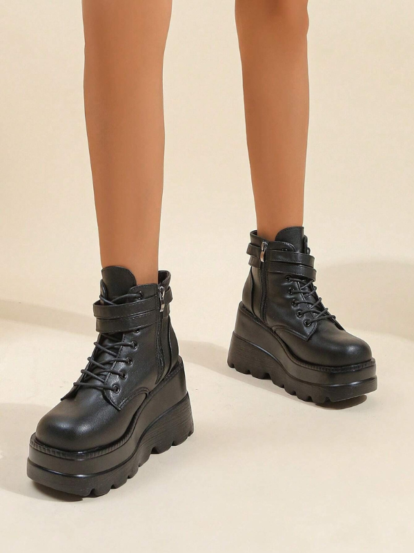 Women's Chunky Platform Black Ankle Boots Lace Up Booties