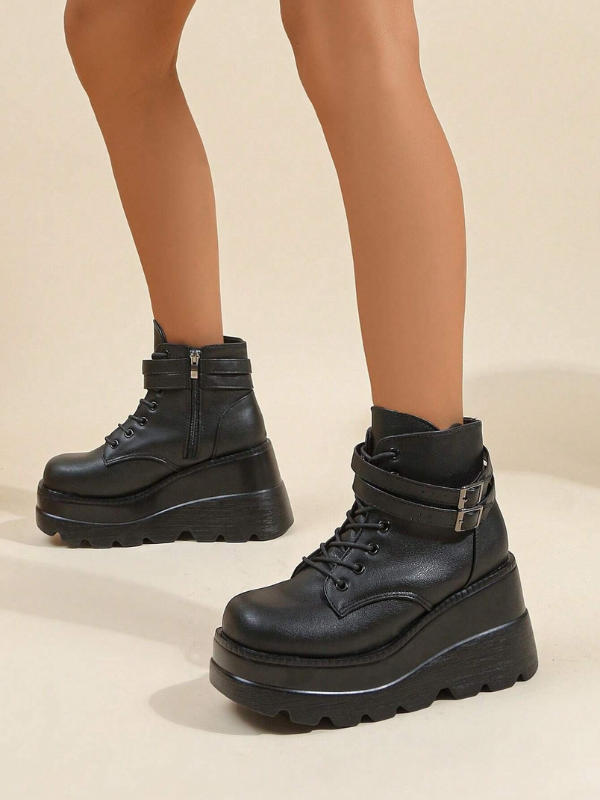 Women's Chunky Platform Black Ankle Boots Lace Up Booties