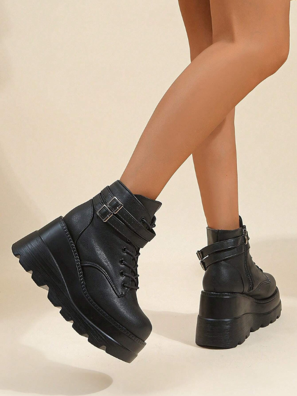 Women's Chunky Platform Black Ankle Boots Lace Up Booties