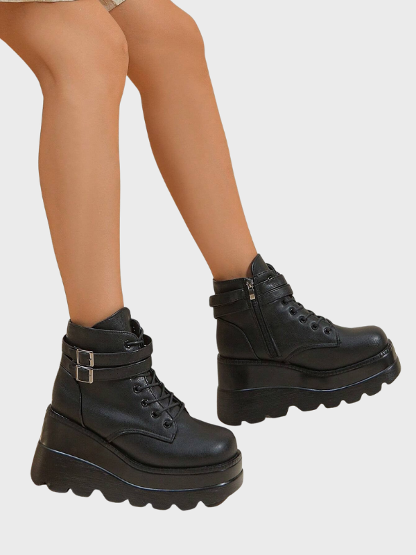 Women's Chunky Platform Black Ankle Boots Lace Up Booties