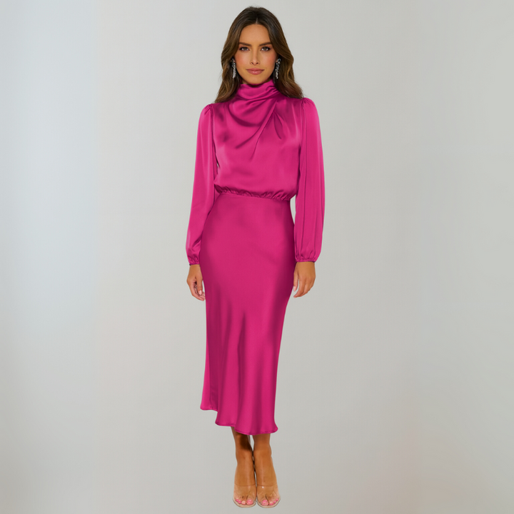 Women's Cocktail Dress with High Neck and Puff Sleeves - Maxi