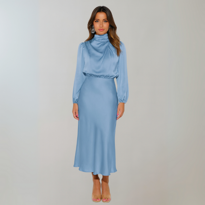 Women's Cocktail Dress with High Neck and Puff Sleeves - Maxi