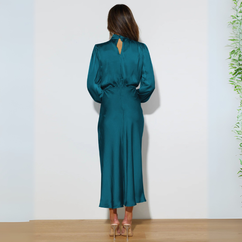Women's Cocktail Dress with High Neck and Puff Sleeves - Maxi