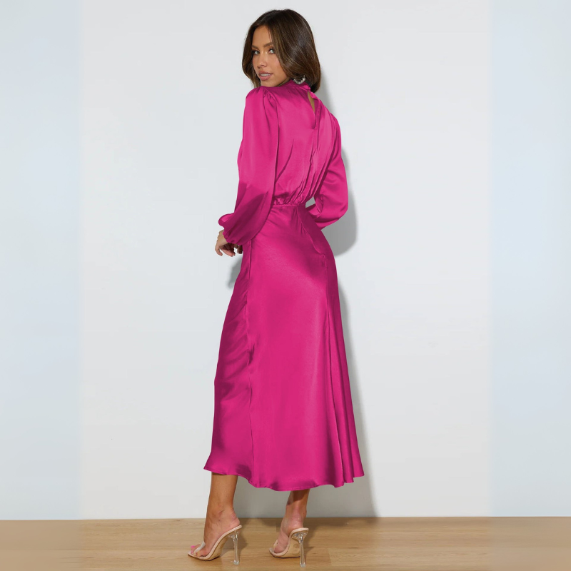 Women's Cocktail Dress with High Neck and Puff Sleeves - Maxi