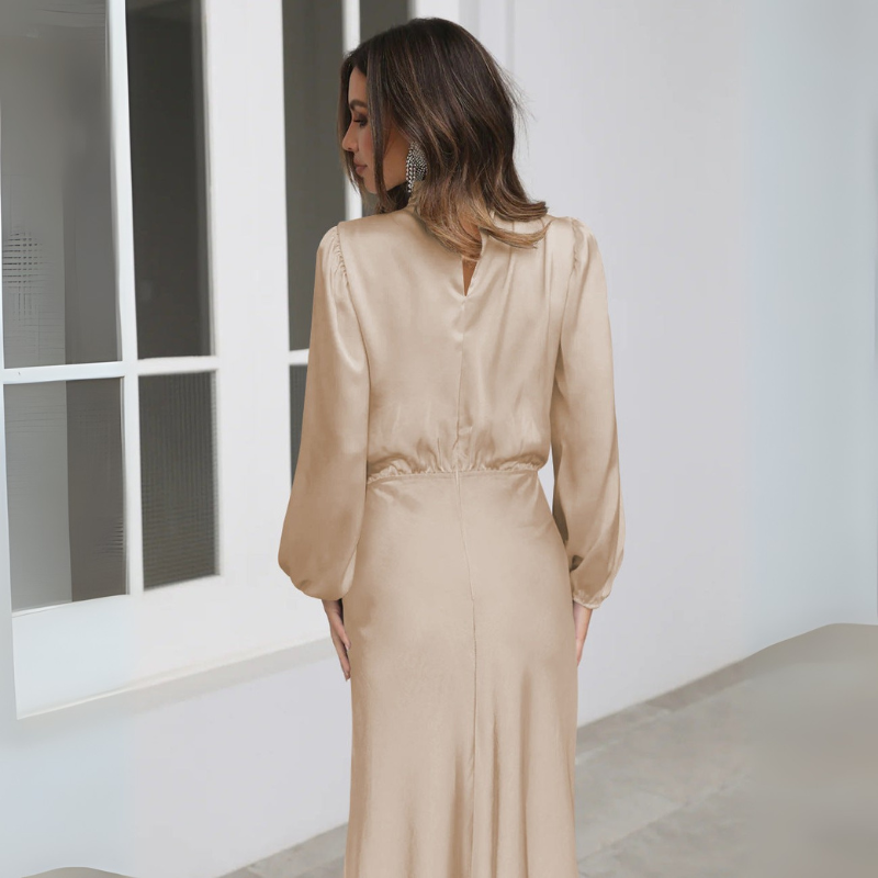 Women's Cocktail Dress with High Neck and Puff Sleeves - Maxi