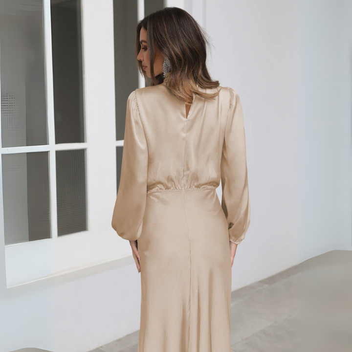 Women's Cocktail Dress with High Neck and Puff Sleeves - Maxi