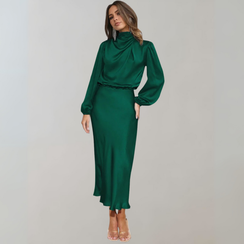 Women's Cocktail Dress with High Neck and Puff Sleeves - Maxi
