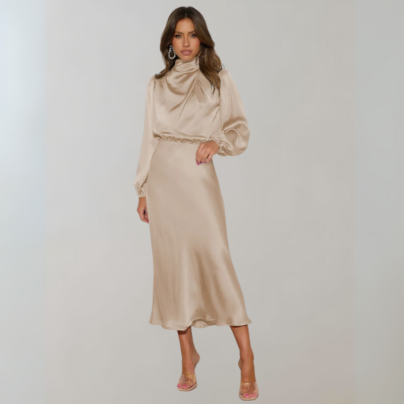 Women's Cocktail Dress with High Neck and Puff Sleeves - Maxi