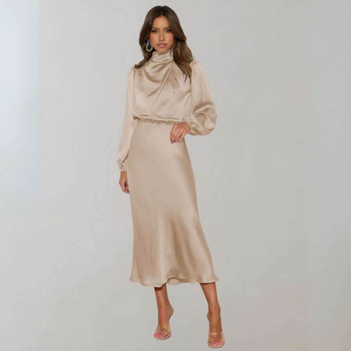 Women's Cocktail Dress with High Neck and Puff Sleeves - Maxi