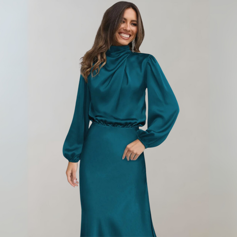 Women's Cocktail Dress with High Neck and Puff Sleeves - Maxi