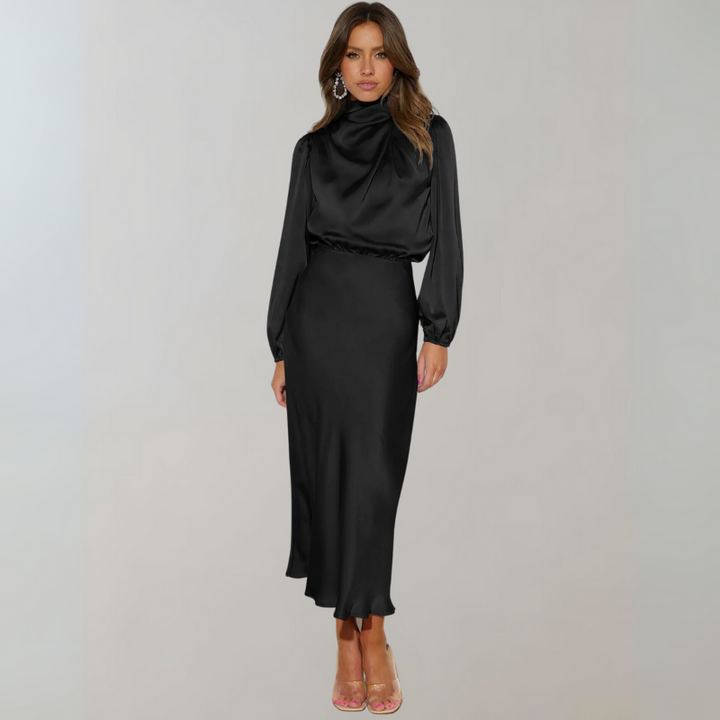 Women's Cocktail Dress with High Neck and Puff Sleeves - Maxi