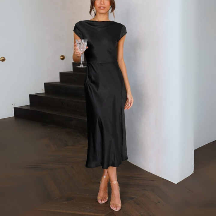 Women's Cocktail Midi Dress - Elegant Satin Fit for Formal Events