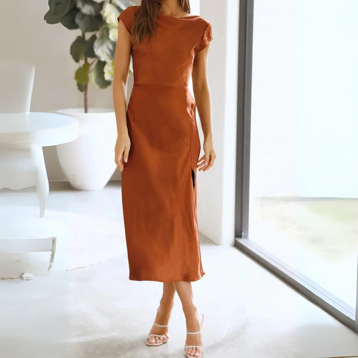 Women's Cocktail Midi Dress - Elegant Satin Fit for Formal Events