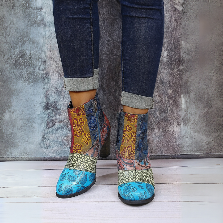Women's Colorful Patchwork Ankle Boots with Block Heels