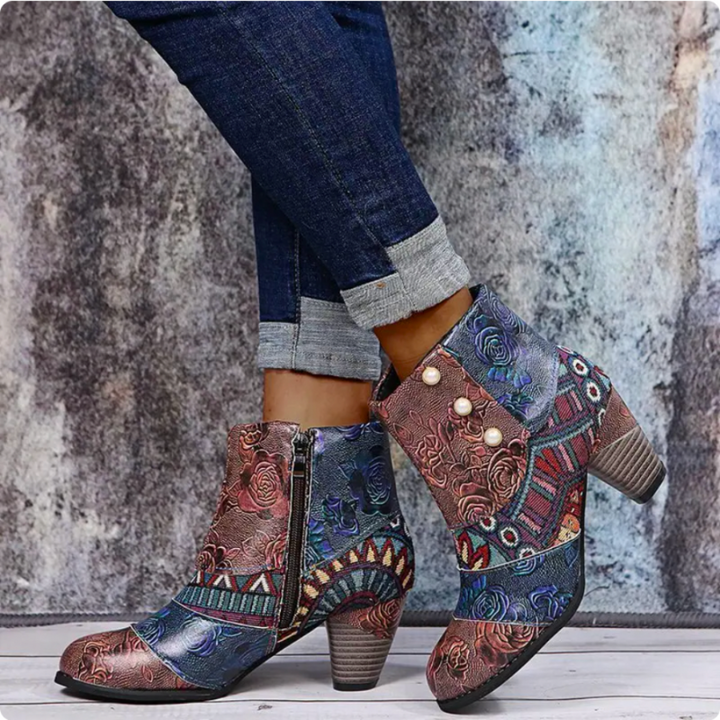 Women's Colorful Patchwork Ankle Boots with Block Heels