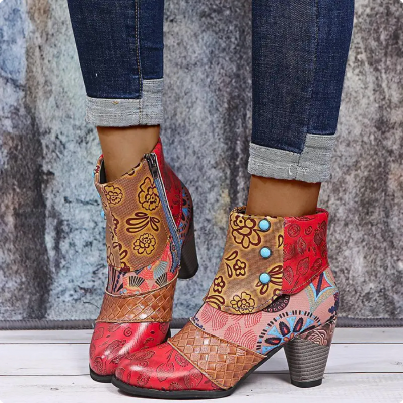 Women's Colorful Patchwork Ankle Boots with Block Heels