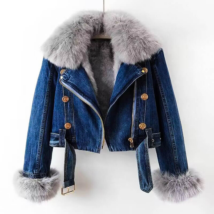 Women’s Cropped Denim Jacket – Fur Lined with Belted Waist