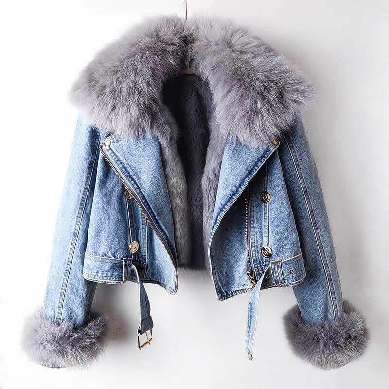 Women’s Cropped Denim Jacket – Fur Lined with Belted Waist