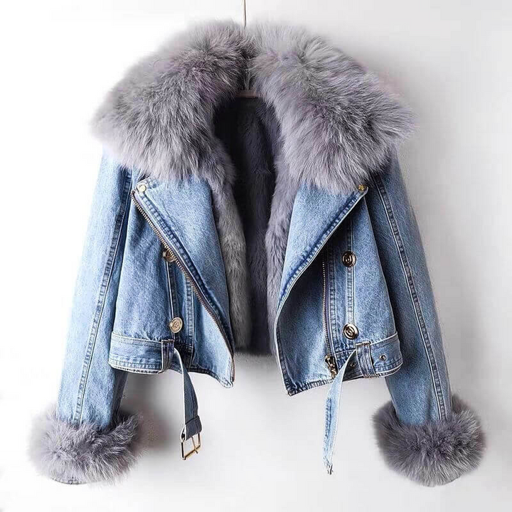 Women’s Cropped Denim Jacket – Fur Lined with Belted Waist