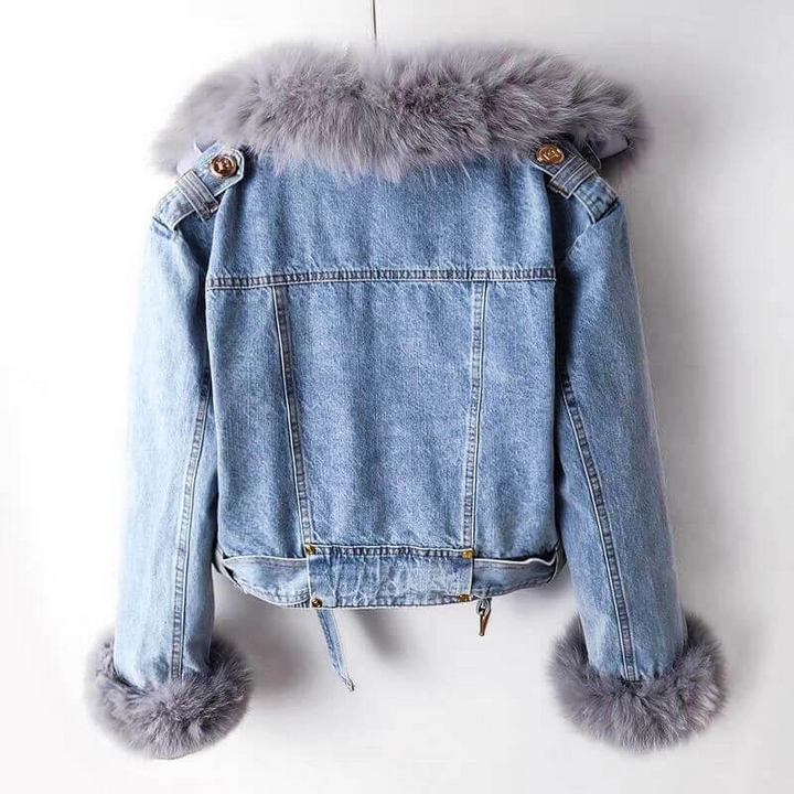Women’s Cropped Denim Jacket – Fur Lined with Belted Waist