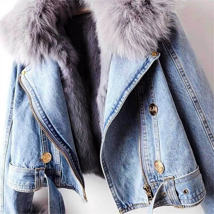 Women’s Cropped Denim Jacket – Fur Lined with Belted Waist