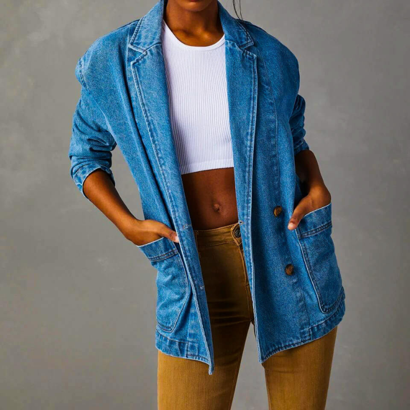 Women's Denim Blazer with Two-Button Closure and Dual Front Pockets
