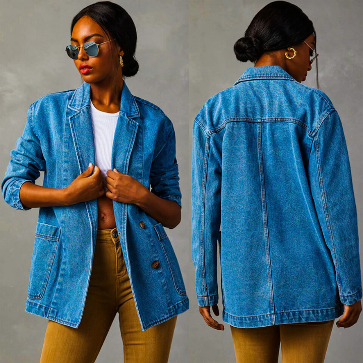Women's Denim Blazer with Two-Button Closure and Dual Front Pockets