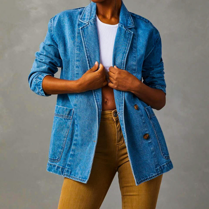 Women's Denim Blazer with Two-Button Closure and Dual Front Pockets