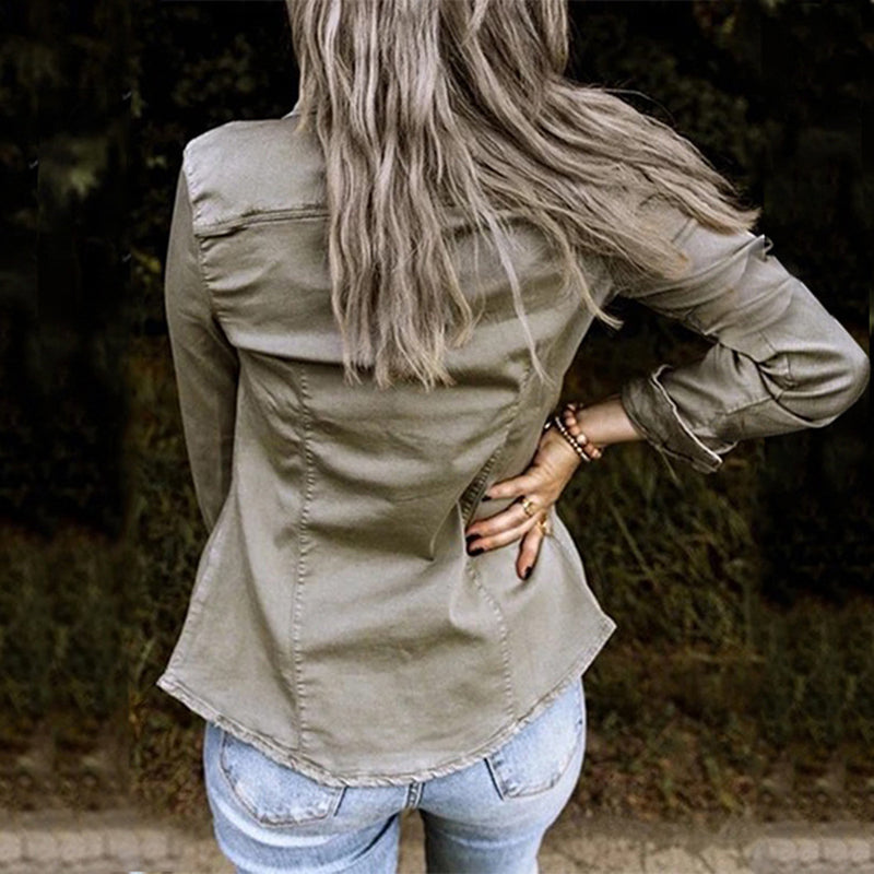 Women's Denim Button Front Shirt Jacket with Chest Pockets