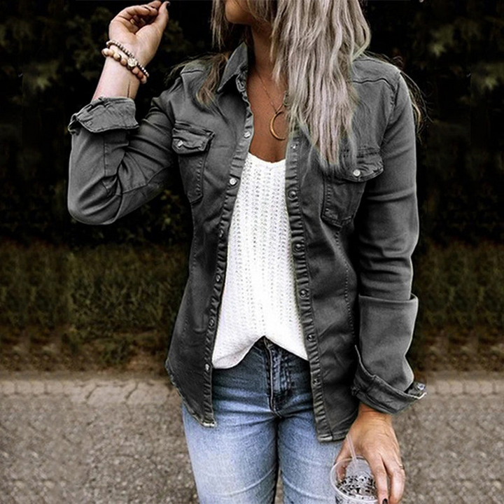 Women's Denim Button Front Shirt Jacket with Chest Pockets